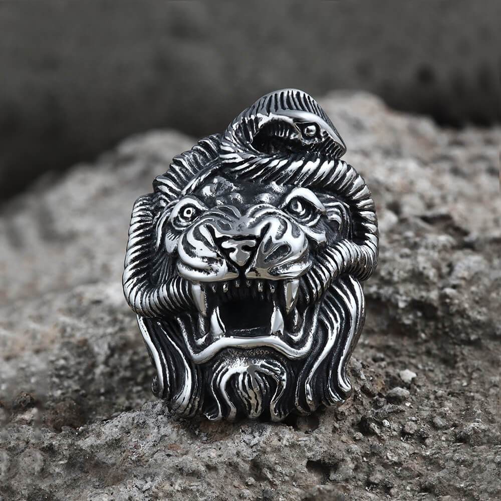 Roaring Lion and Snake Stainless Steel Animal Ring