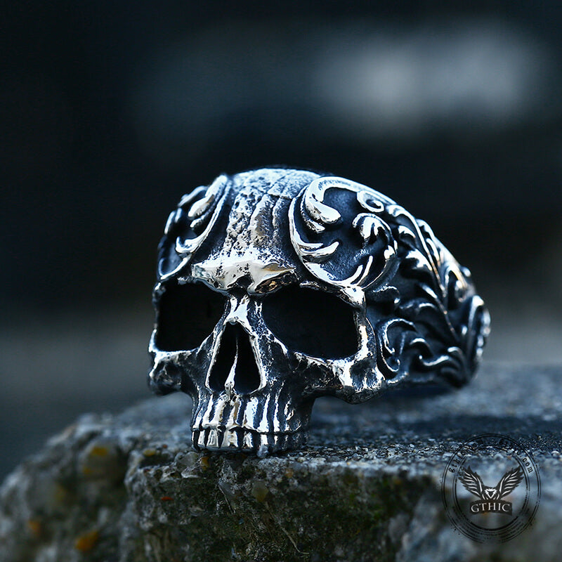 Vintage Pattern Stainless Steel Skull Ring | Gthic.com