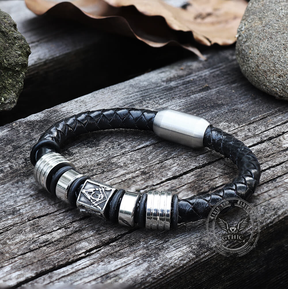 AG Woven Stainless Steel Leather Masonic Bracelet 04 | Gthic.com