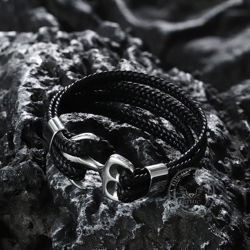 Anchor Buckle Braided Leather Stainless Steel Bracelet