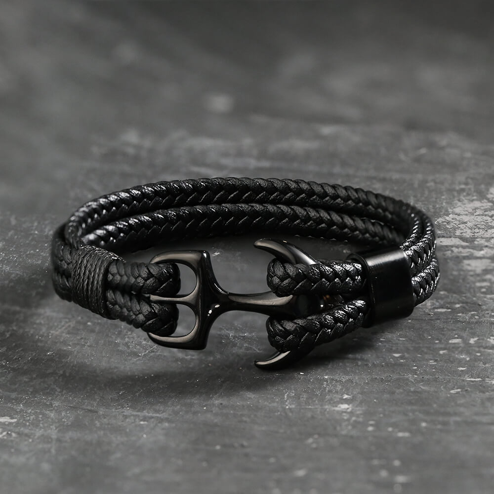 Anchor Buckle Braided Leather Stainless Steel Bracelet