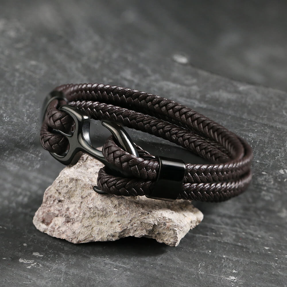 Anchor Buckle Braided Leather Stainless Steel Bracelet