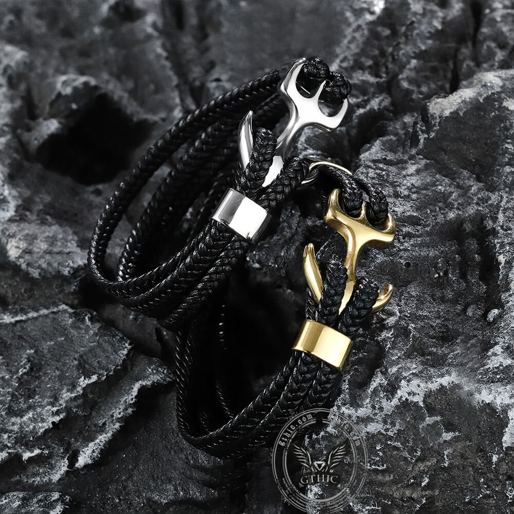 Anchor Buckle Braided Leather Stainless Steel Bracelet | Gthic.com