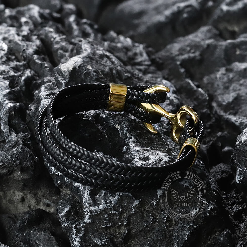 Anchor Buckle Braided Leather Stainless Steel Bracelet