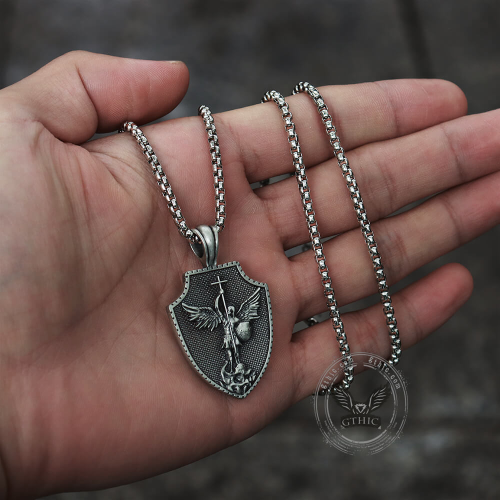 Angel Cross Shield Pure Tin Christ Necklace | Gthic.com