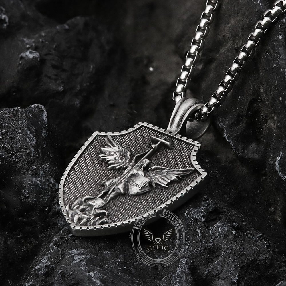 Angel Cross Shield Pure Tin Christ Necklace | Gthic.com