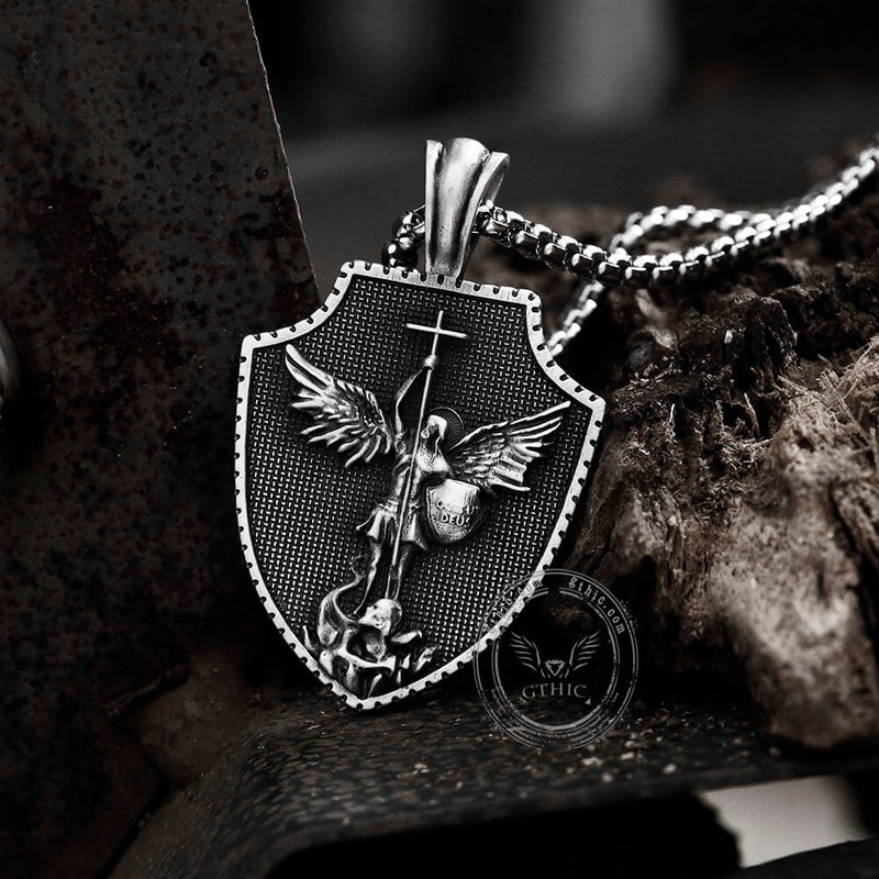 Angel Cross Shield Pure Tin Christ Necklace | Gthic.com