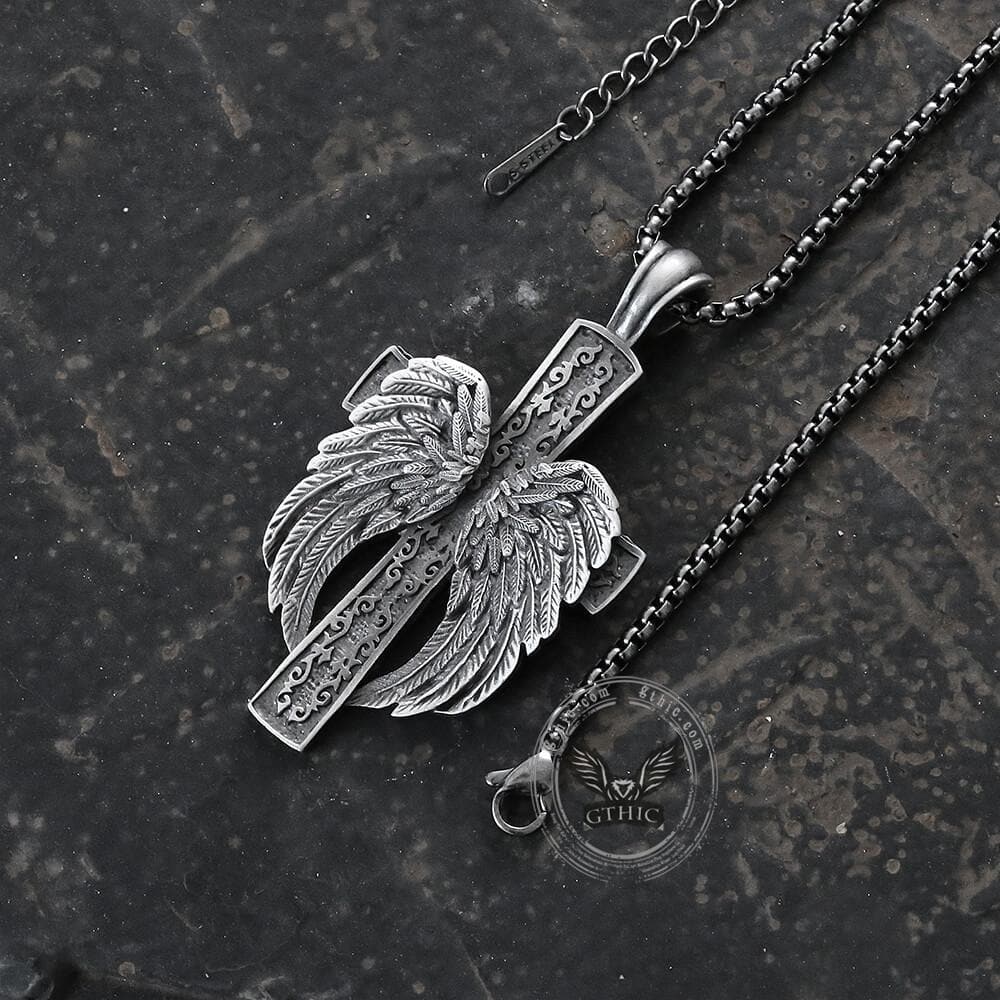 Angel’s Wing Cross Pure Tin Necklace | Gthic.com