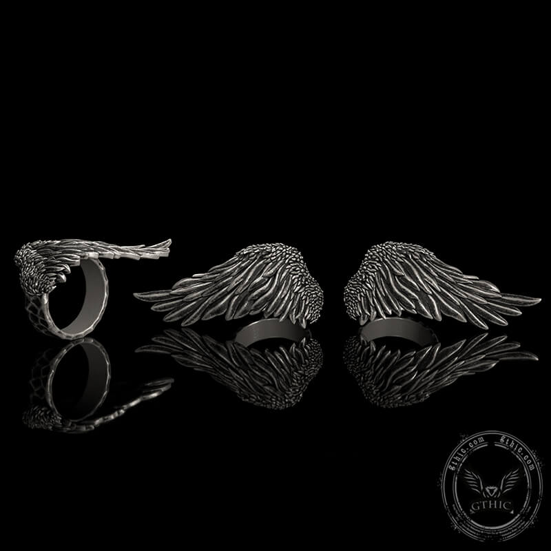 Oxidized Angel Wing Racing Ring - 925 Sterling Silver Band, Sizes 4-10