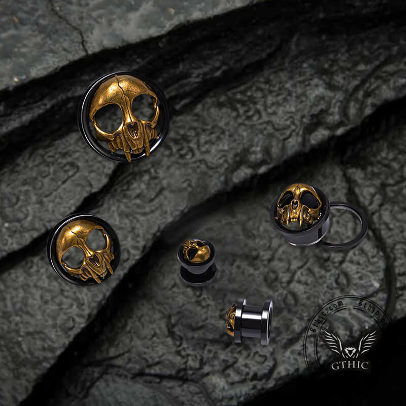 Antique Gold Skull Stainless Steel Ear Gauges | Gthic.com