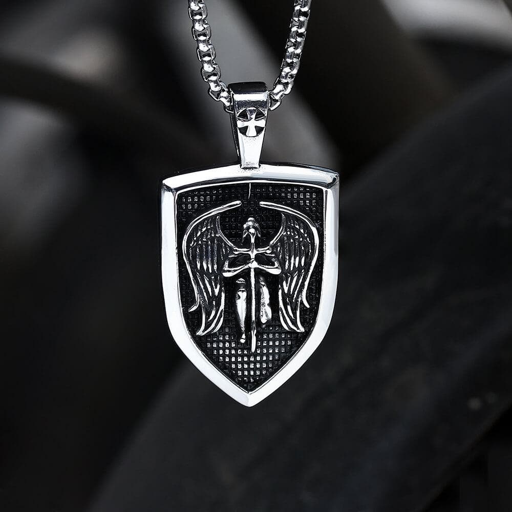 Spoo-ontwerp | Aartsengel Michaël, wapen van engelenvleugel, beschermingsamulet met ketting | 925 zilveren kettinghanger