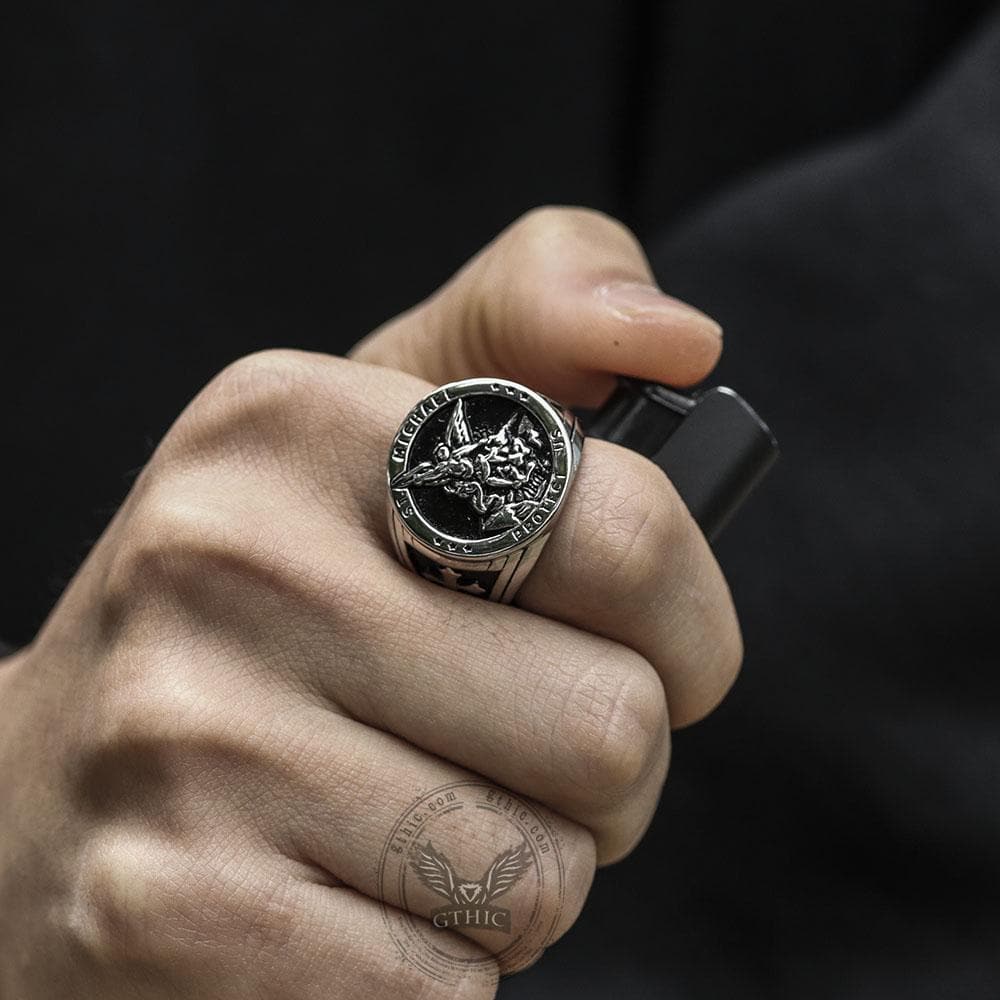 Archangle Saint Michael Stainless Steel Ring 02 | Gthic.com