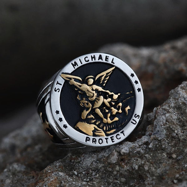 Archangle Saint Michael Stainless Steel Ring 01 | Gthic.com