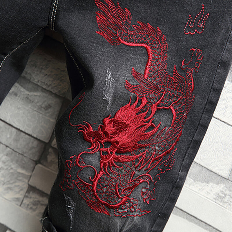 Auspicious Dragon Embroidered Cotton Denim Shorts | Gthic.com