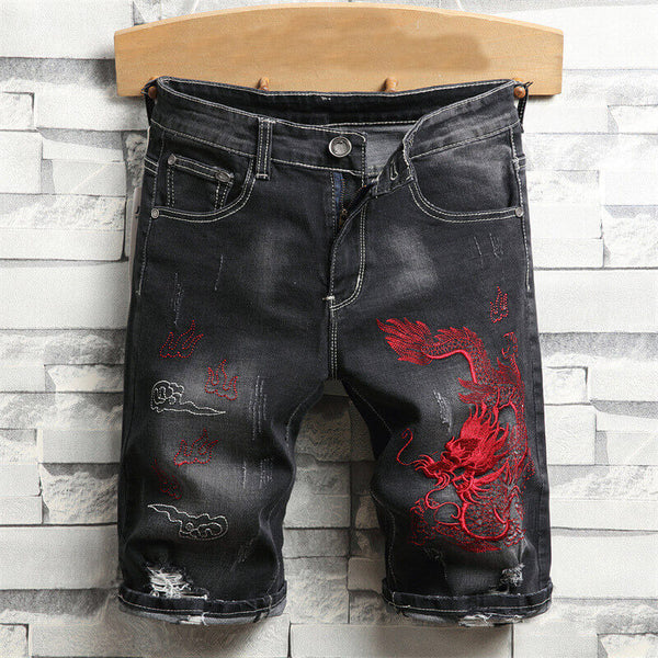 Auspicious Dragon Embroidered Cotton Denim Shorts | Gthic.com