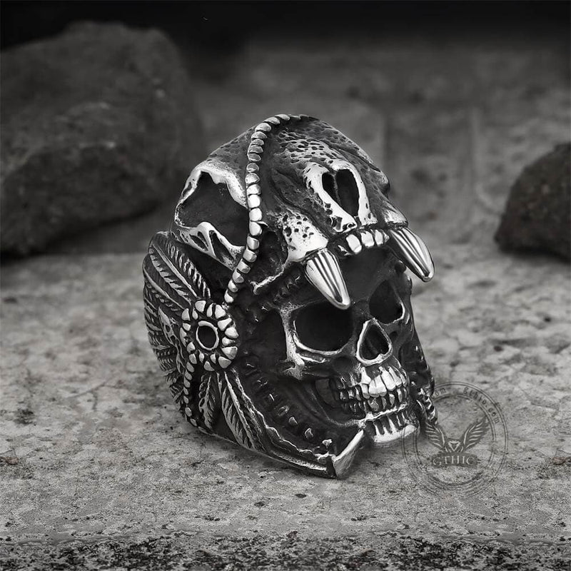 Aztec Jaguar Warrior Skull Ring | Gthic.com