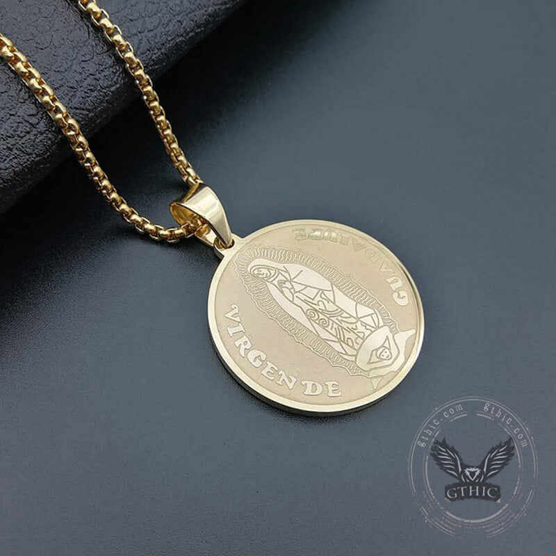 Aztec Sun Virgin of Guadalupe Stainless Steel Pendant 02 | Gthic.com
