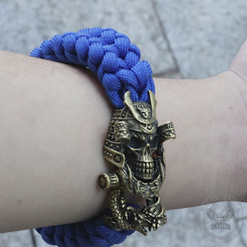 Bracelet en paracorde avec tête de mort en laiton et dragon de samouraï japonais