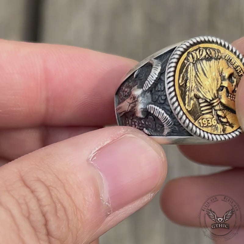 1936 Hobo Nickel Coin Bague tête de mort en argent sterling