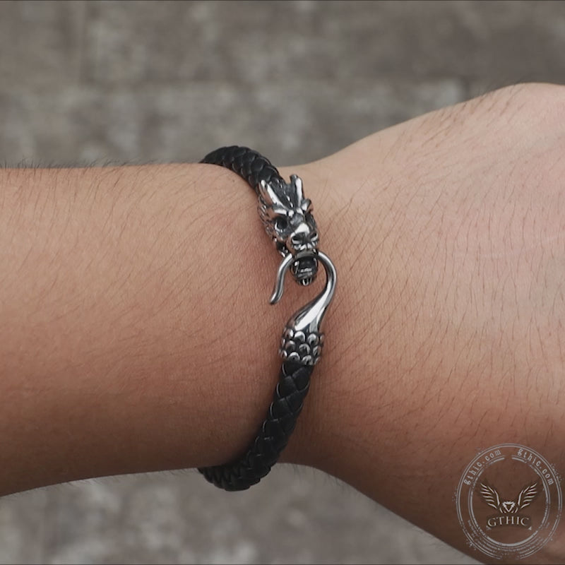 Dragon Clasp Stainless Steel Leather Bracelet