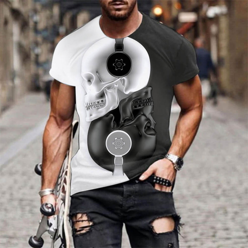 Schwarz-weißes, trendiges Totenkopf-Polyester-T-Shirt