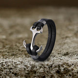 Black Leather Anchor Stainless Steel Marine Bracelet | Gthic.com