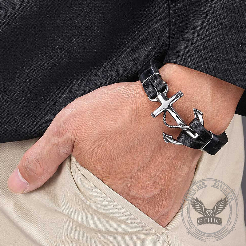 Black Leather Anchor Stainless Steel Marine Bracelet | Gthic.com