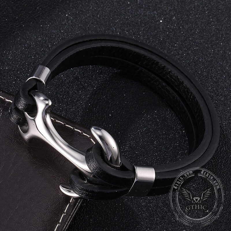 Black Leather Anchor Stainless Steel Marine Bracelet | Gthic.com