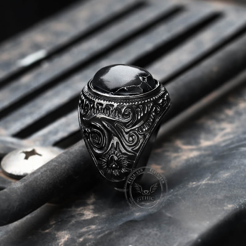 Black Turquoise Patterned Stainless Steel Ring