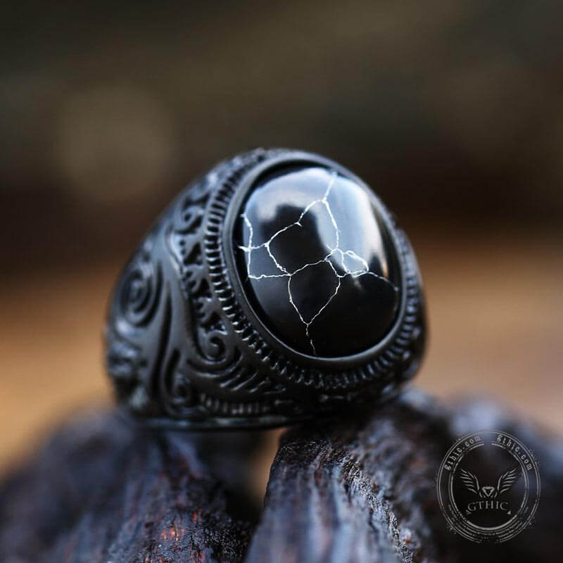 Black Retro Stone Stainless Steel Ring | Gthic.com