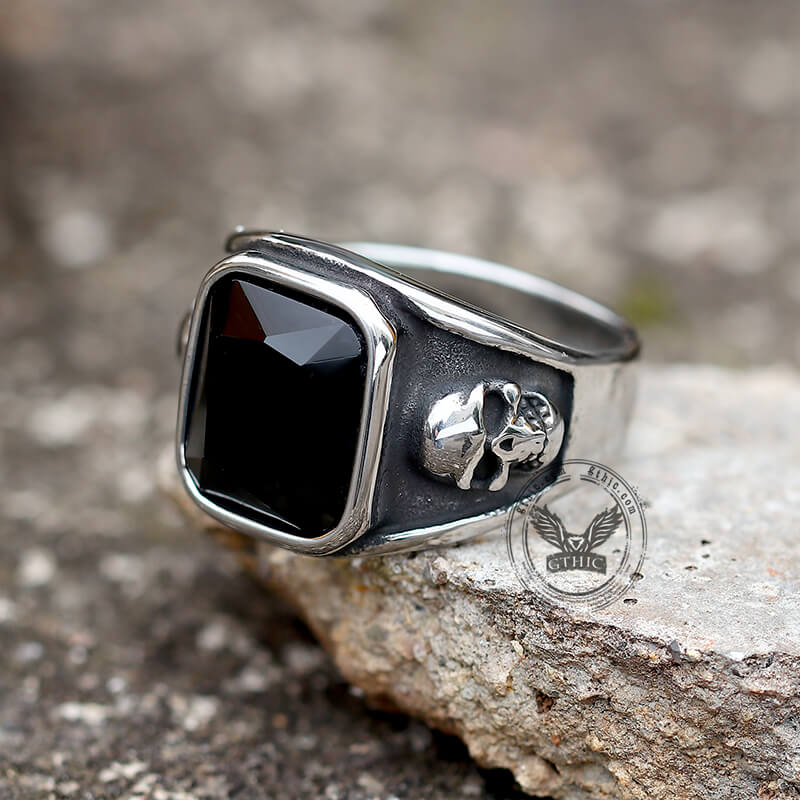 Black Square Gem Stainless Steel Skull Ring | Gthic.com