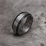 Black Step Edge Pattern Damascus Steel Ring 01 | Gthic.com