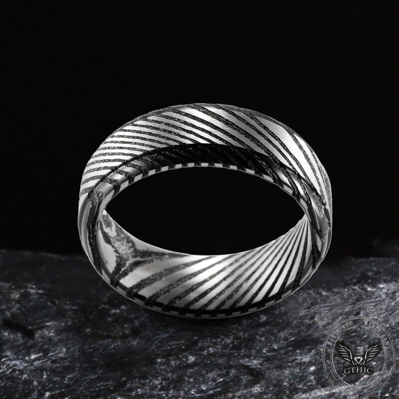 Black Step Edge Pattern Damascus Steel Ring 03 | Gthic.com