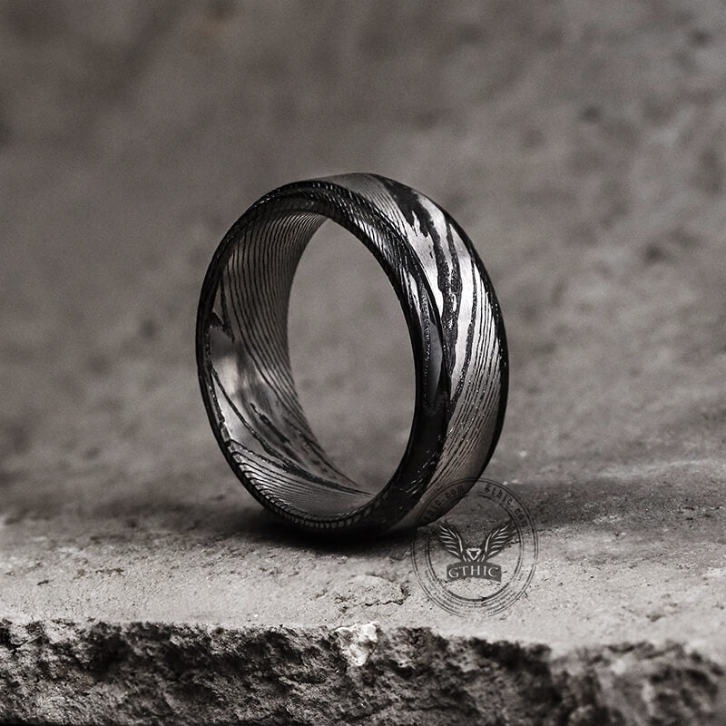 Black Step Edge Pattern Damascus Steel Ring 04 | Gthic.com