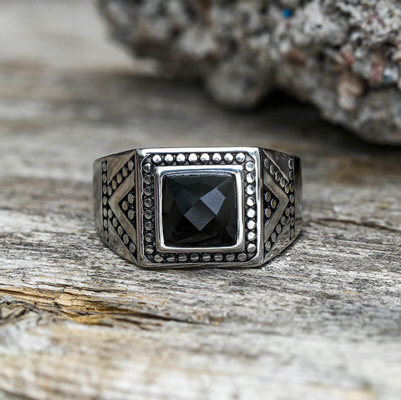 Black Stone Stainless Steel Spot Ring | Gthic.com