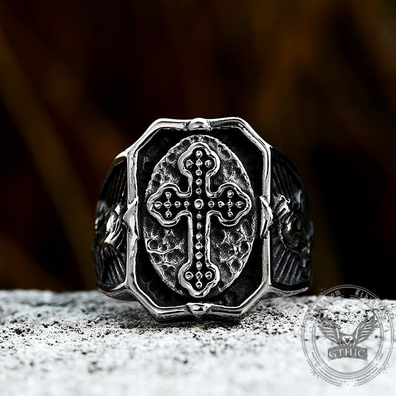 Budded Cross Skull Stainless Steel Ring 04 | Gthic.com