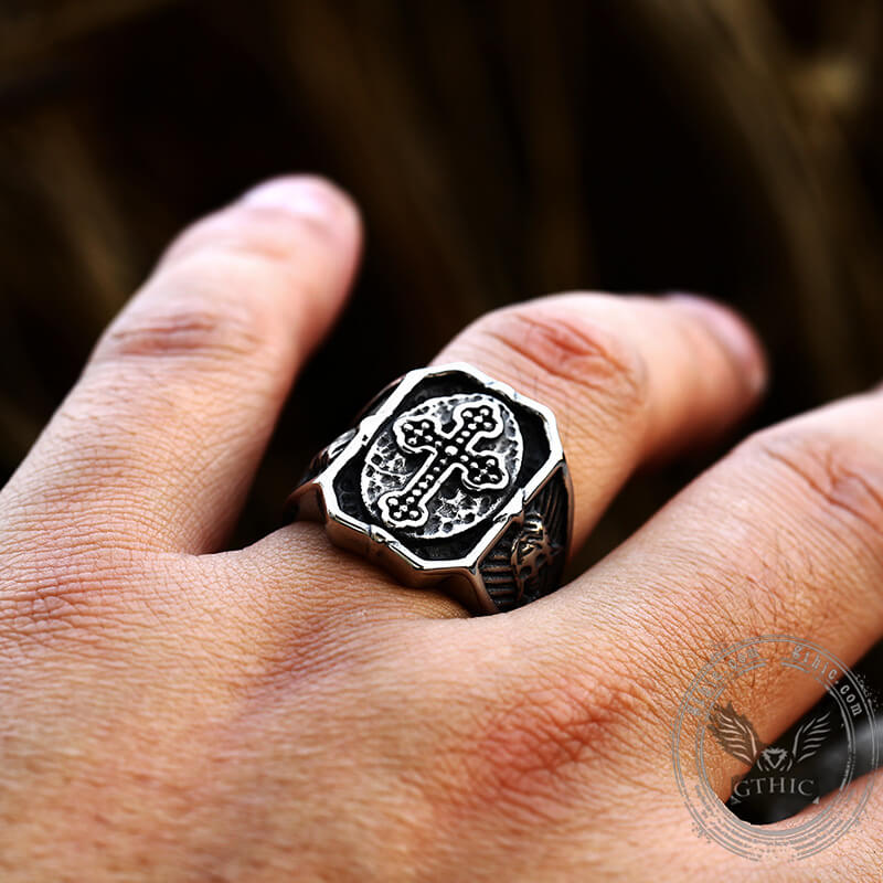 Budded Cross Skull Stainless Steel Ring 02 | Gthic.com