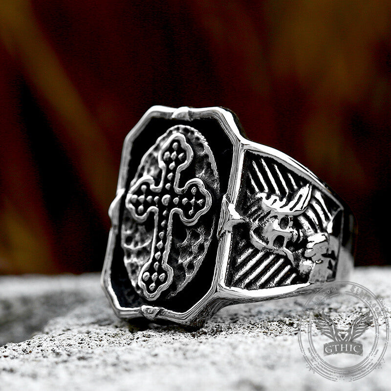 Budded Cross Skull Stainless Steel Ring 03 | Gthic.com