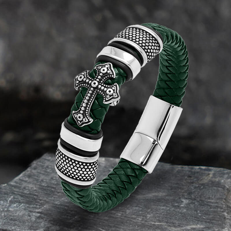 Budded Cross Stainless Steel Braided Leather Bracelet | Gthic.com