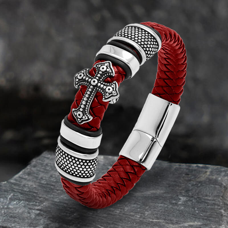 Budded Cross Stainless Steel Braided Leather Bracelet | Gthic.com
