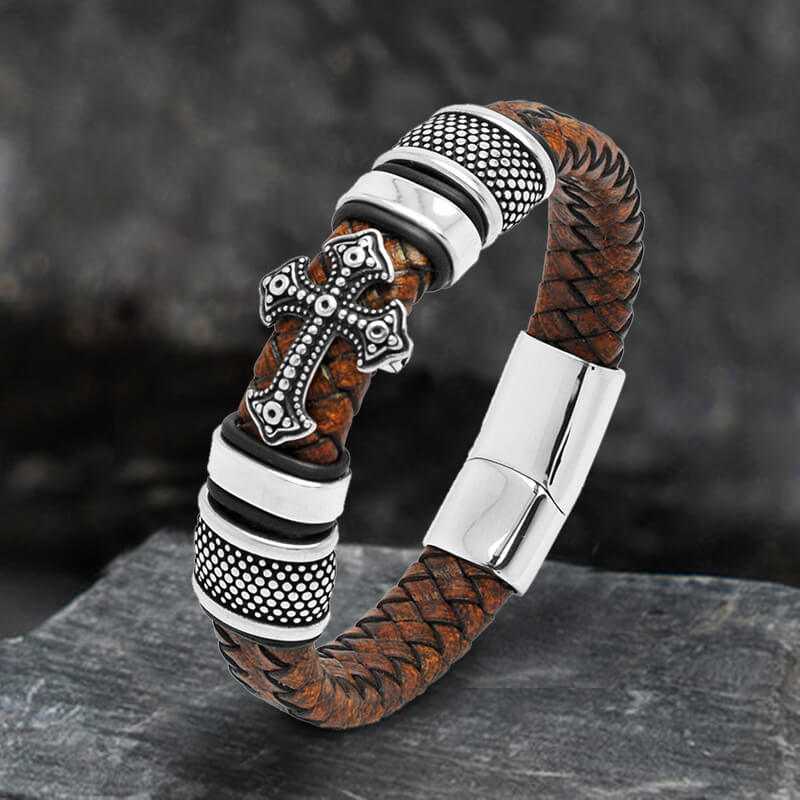Budded Cross Stainless Steel Braided Leather Bracelet | Gthic.com