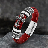 Budded Cross Stainless Steel Braided Leather Bracelet