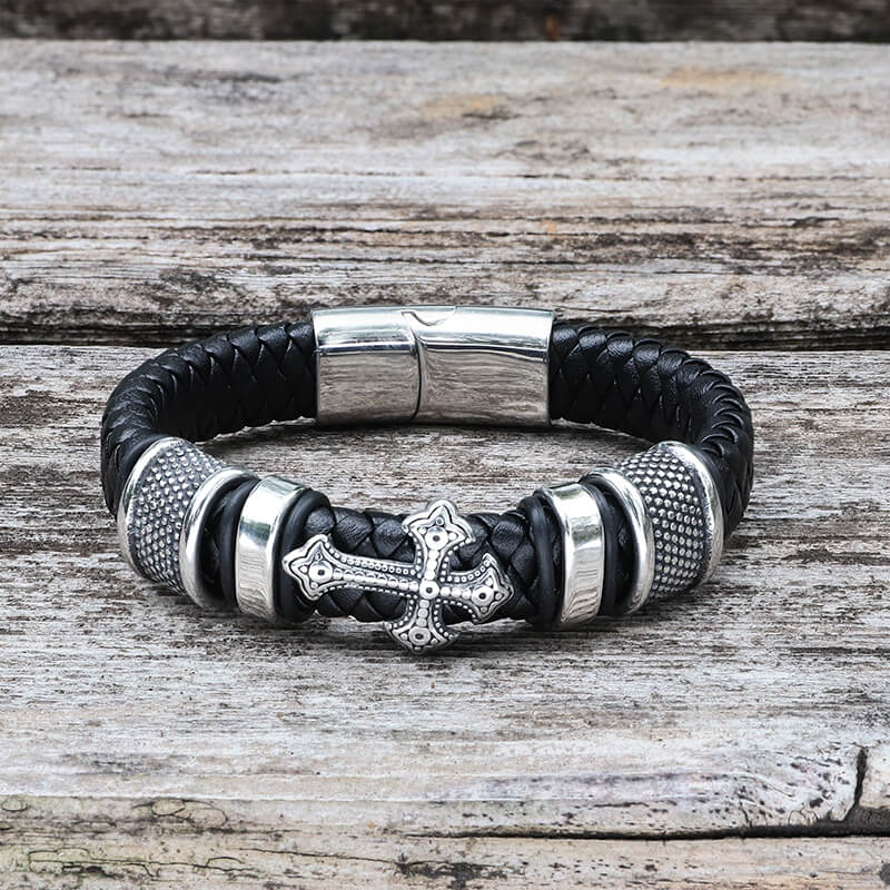 Budded Cross Stainless Steel Braided Leather Bracelet | Gthic.com