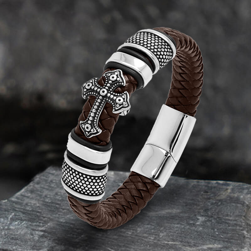 Budded Cross Stainless Steel Braided Leather Bracelet | Gthic.com