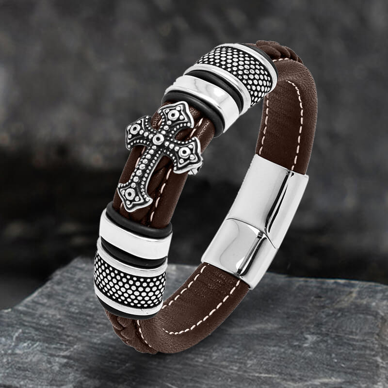Budded Cross Stainless Steel Braided Leather Bracelet