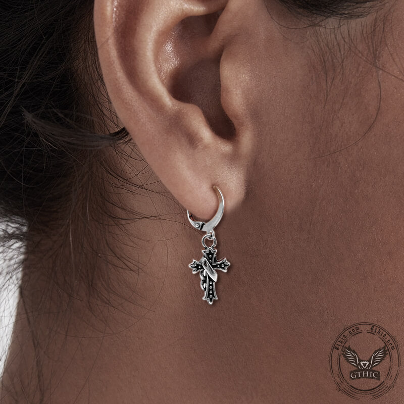 Budded Cross Stainless Steel Hoop Earrings | Gthic.com