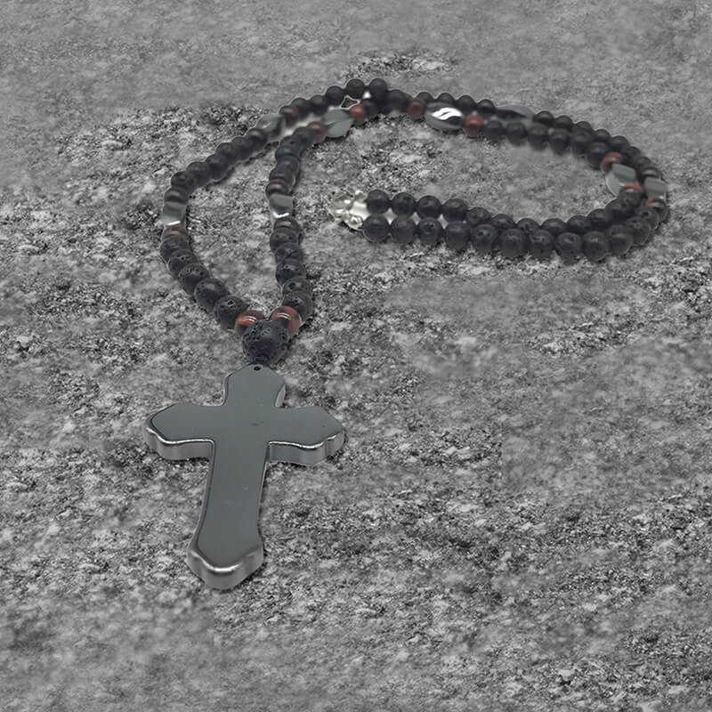 Budded Cross Stone Bead Biker Rosary Necklace