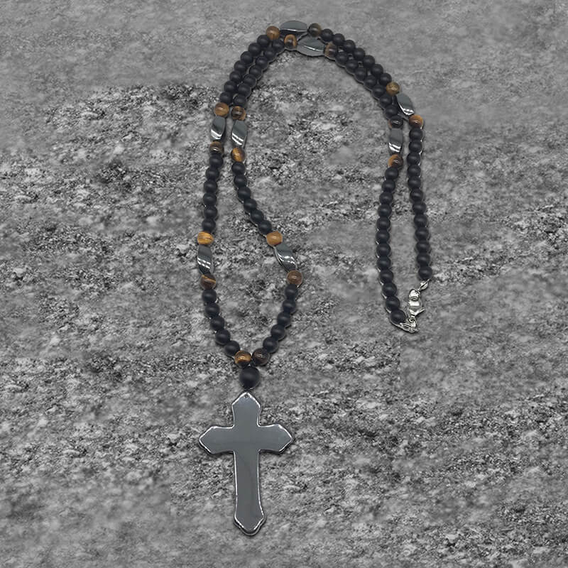 Budded Cross Stone Bead Biker Rosary Necklace