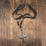 Budded Cross Stone Bead Biker Rosary Necklace