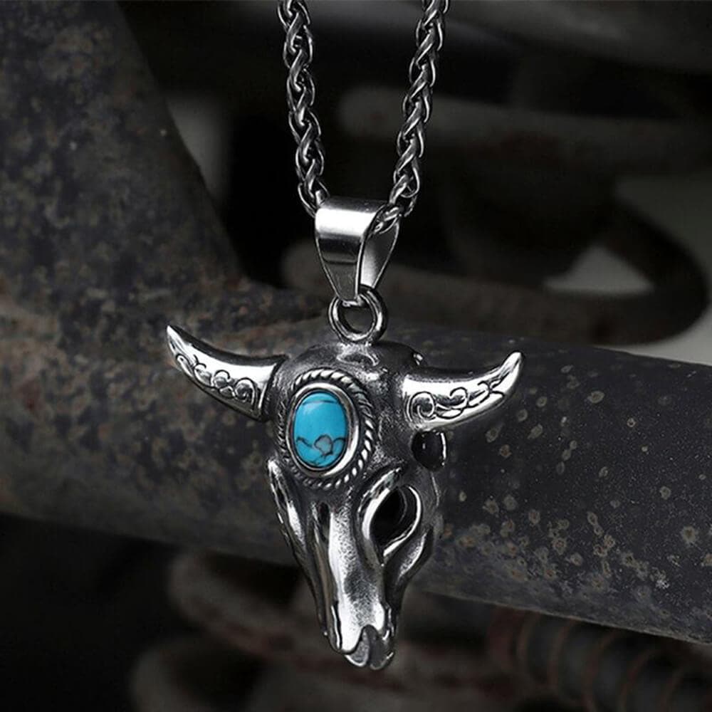 Bull Head Skull Stainless Steel Turquoise Pendant | Gthic.com